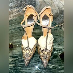 RENE' CAOVILLA- Embellished leather, mesh, and satin pumps
